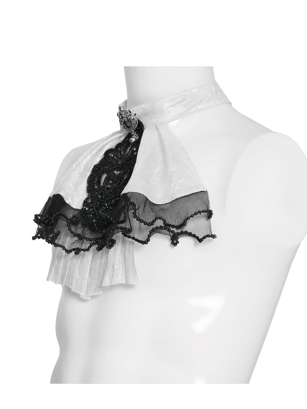 Gothic Victorian Lace Jabot Collar With Brooch displayed on a mannequin, showcasing intricate lace and elegant brooch details.