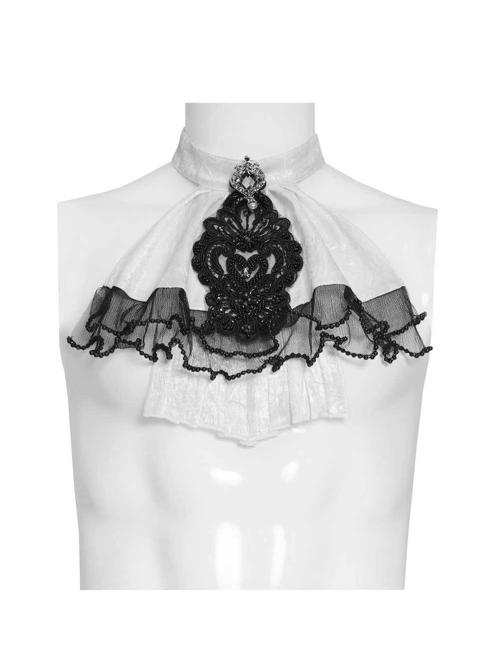 Gothic Victorian Lace Jabot Collar With Brooch showcased on a mannequin with elegant lace and brooch details.