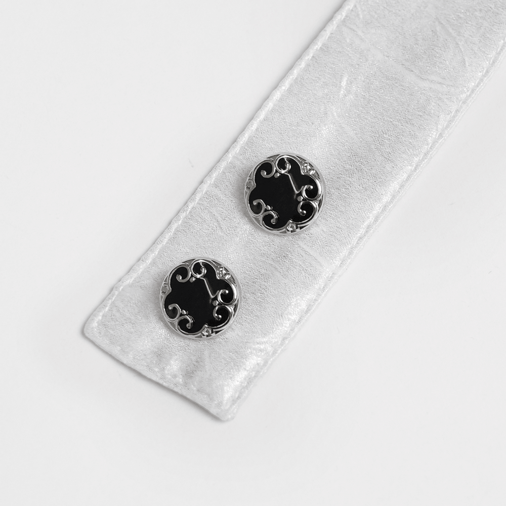 Gothic Victorian Lace Jabot Collar With Brooch featuring intricate silver and black button details.