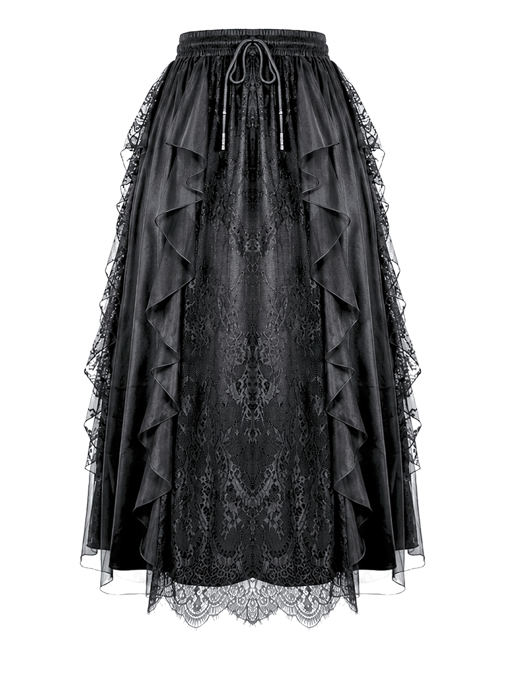Gothic Victorian Lace Ruffle Maxi Skirt in Black, layered sheer lace with cascading ruffles and drawstring waist
