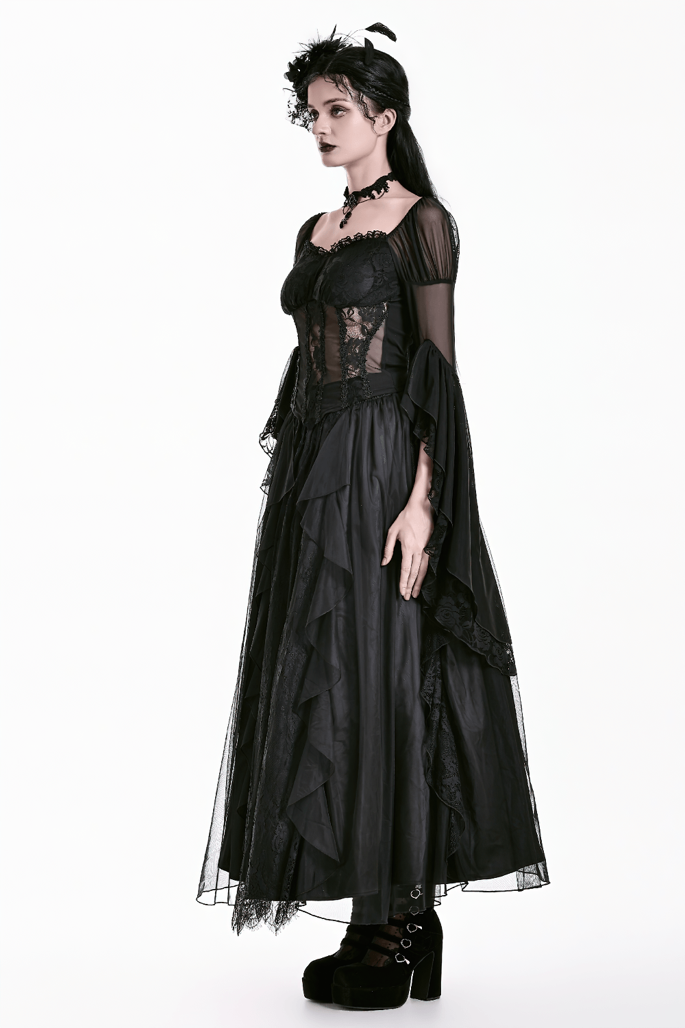 Gothic Victorian Lace Ruffle Maxi Skirt in Black, dramatic layered lace skirt with flowing ruffles and sheer hem