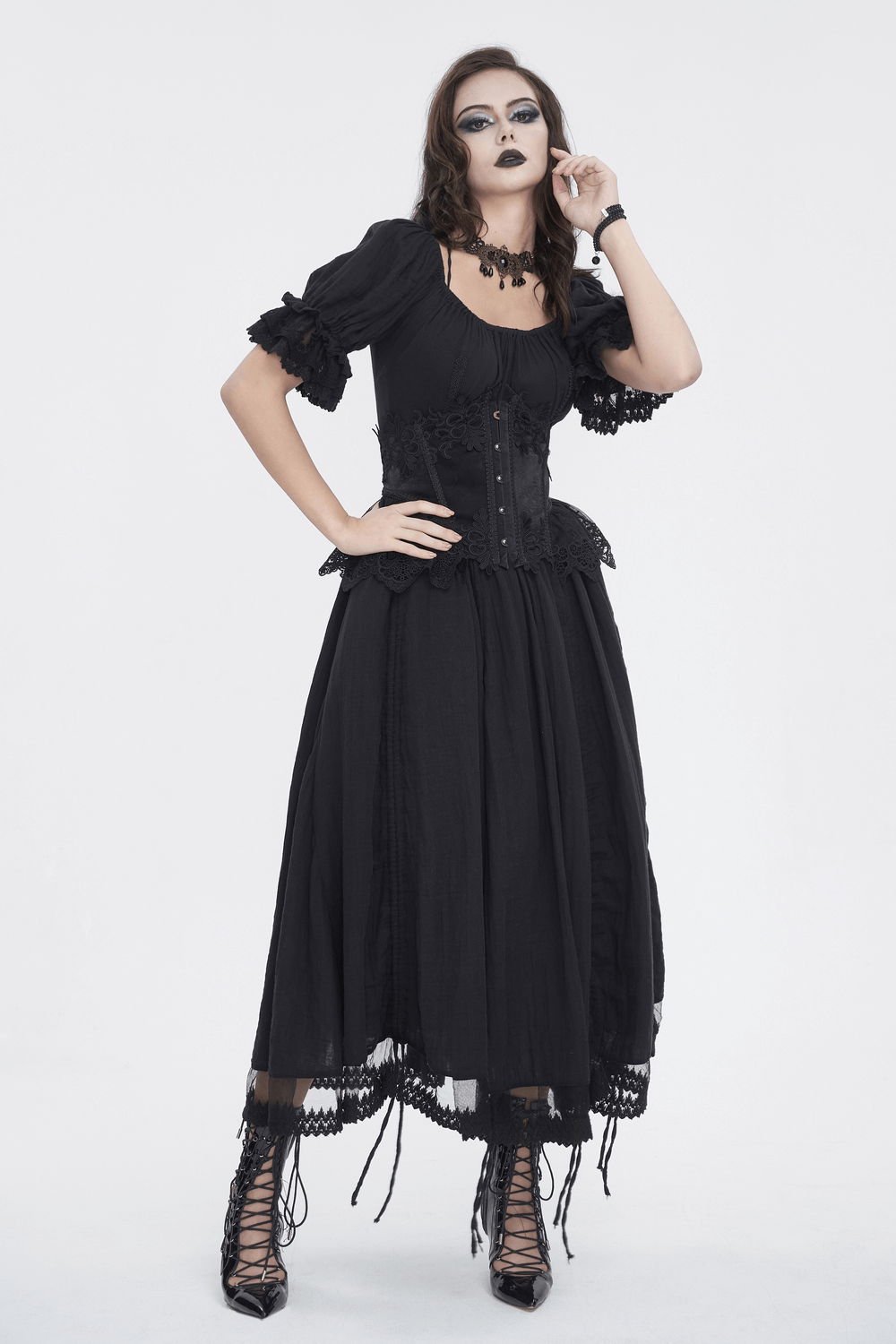 Gothic Victorian lace-up dress with puff sleeves, perfect for a dark romance aesthetic.