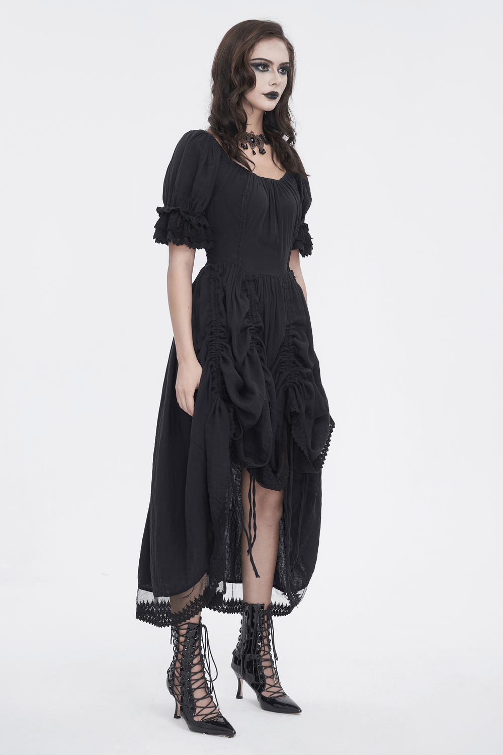 Gothic Victorian lace-up dress with puff sleeves, perfect for dark romance and goth style, showcasing elegant detailing.