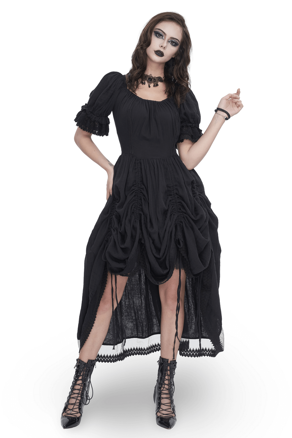 Gothic Victorian Lace-Up Dress with puff sleeves for a dark romance look, perfect for goth fashion lovers.