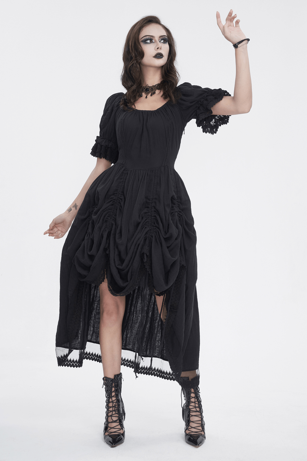 Gothic Victorian Lace-Up Dress with puff sleeves, embodying dark romance and elegance for goth goddesses.
