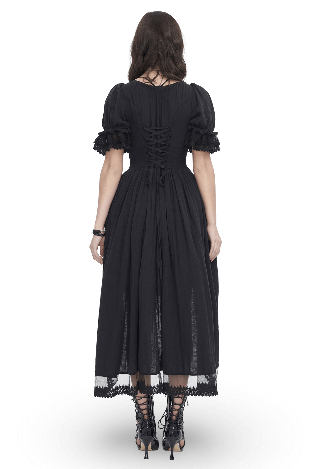 Back view of Gothic Victorian lace-up dress with puff sleeves, showcasing intricate lace details and elegant silhouette.