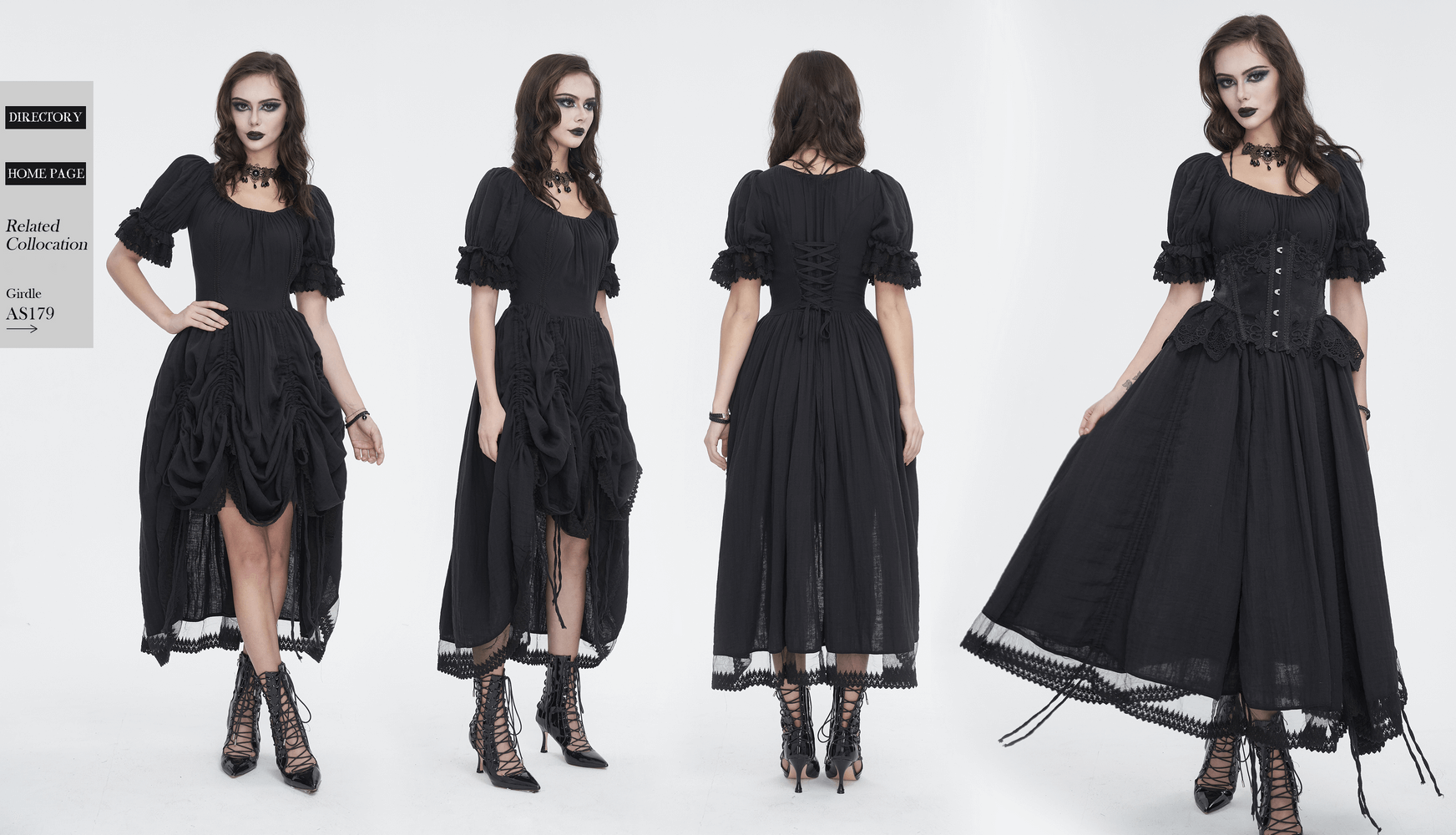 Gothic Victorian lace-up dress with puff sleeves, embodying dark romance and elegance.