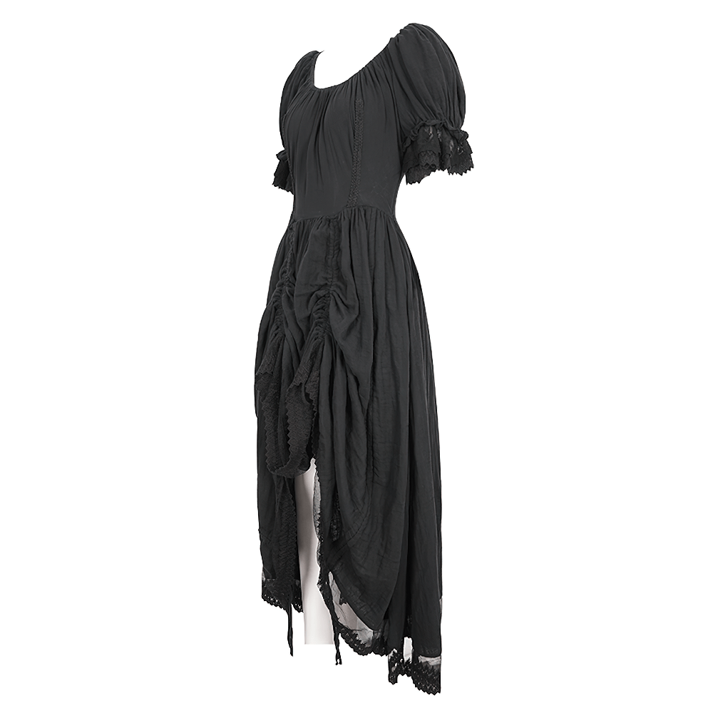 Gothic Victorian Lace-Up Dress with puff sleeves and lace detailing, perfect for dark romance aesthetics.