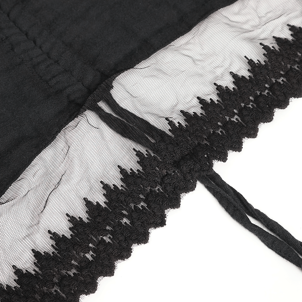 Close-up of lace trim detailing and drawstring on Gothic Victorian lace-up dress, showcasing romantic design.
