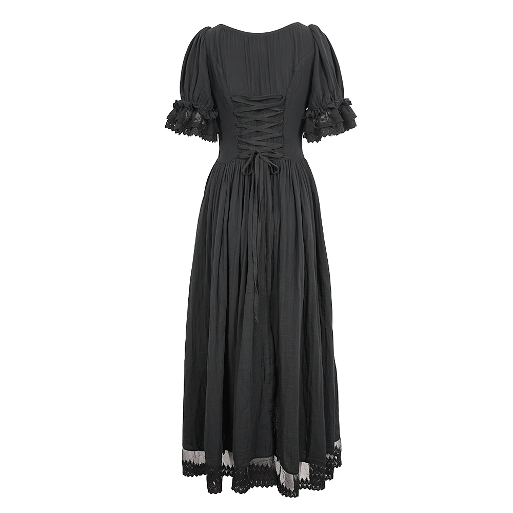 Gothic Victorian lace-up dress with puff sleeves and elegant lace accents, perfect for dark romance lovers.