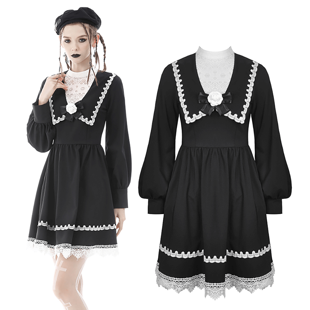 Gothic Victorian Lolita Dress with Lace Collar and Rose