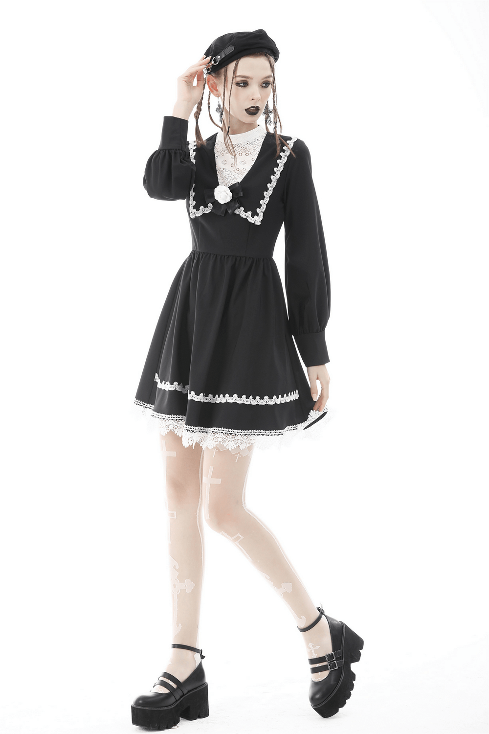 Gothic Victorian Lolita Dress with Lace Collar and Rose