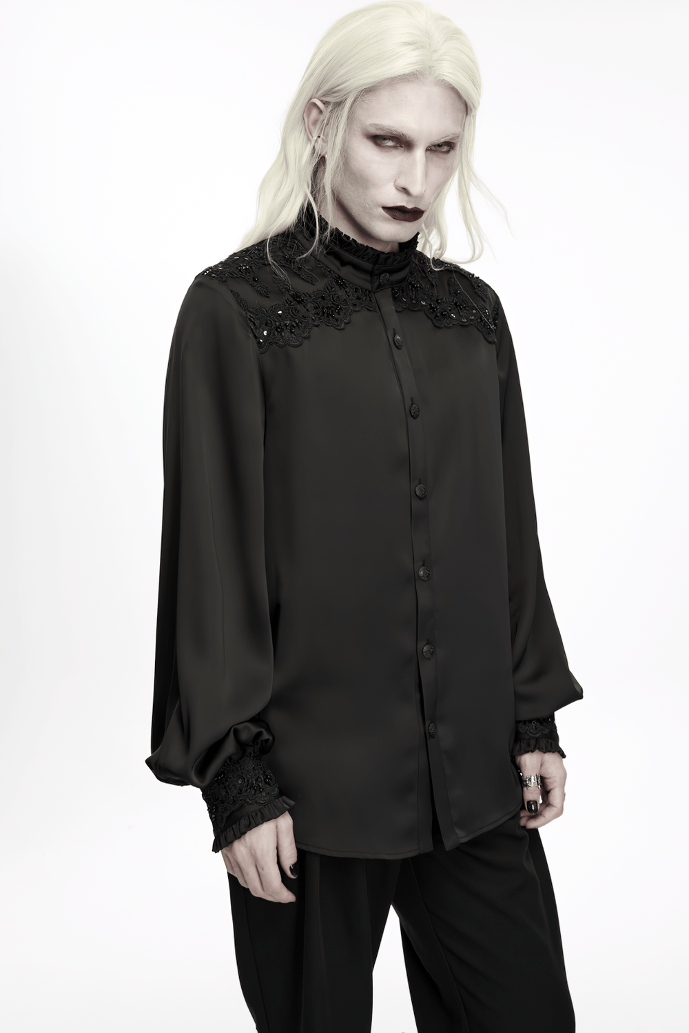 Gothic Victorian Satin Shirt with Beaded Lace Trim black gothic blouse with ruffled collar, button front and lantern sleeves