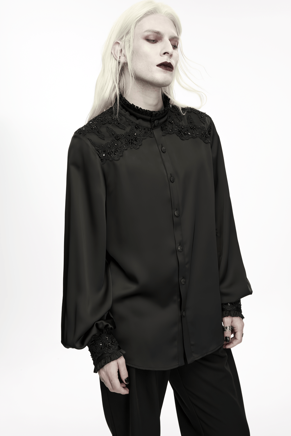 Gothic Victorian Satin Shirt with Beaded Lace Trim black gothic blouse with ruffled collar and lantern sleeves