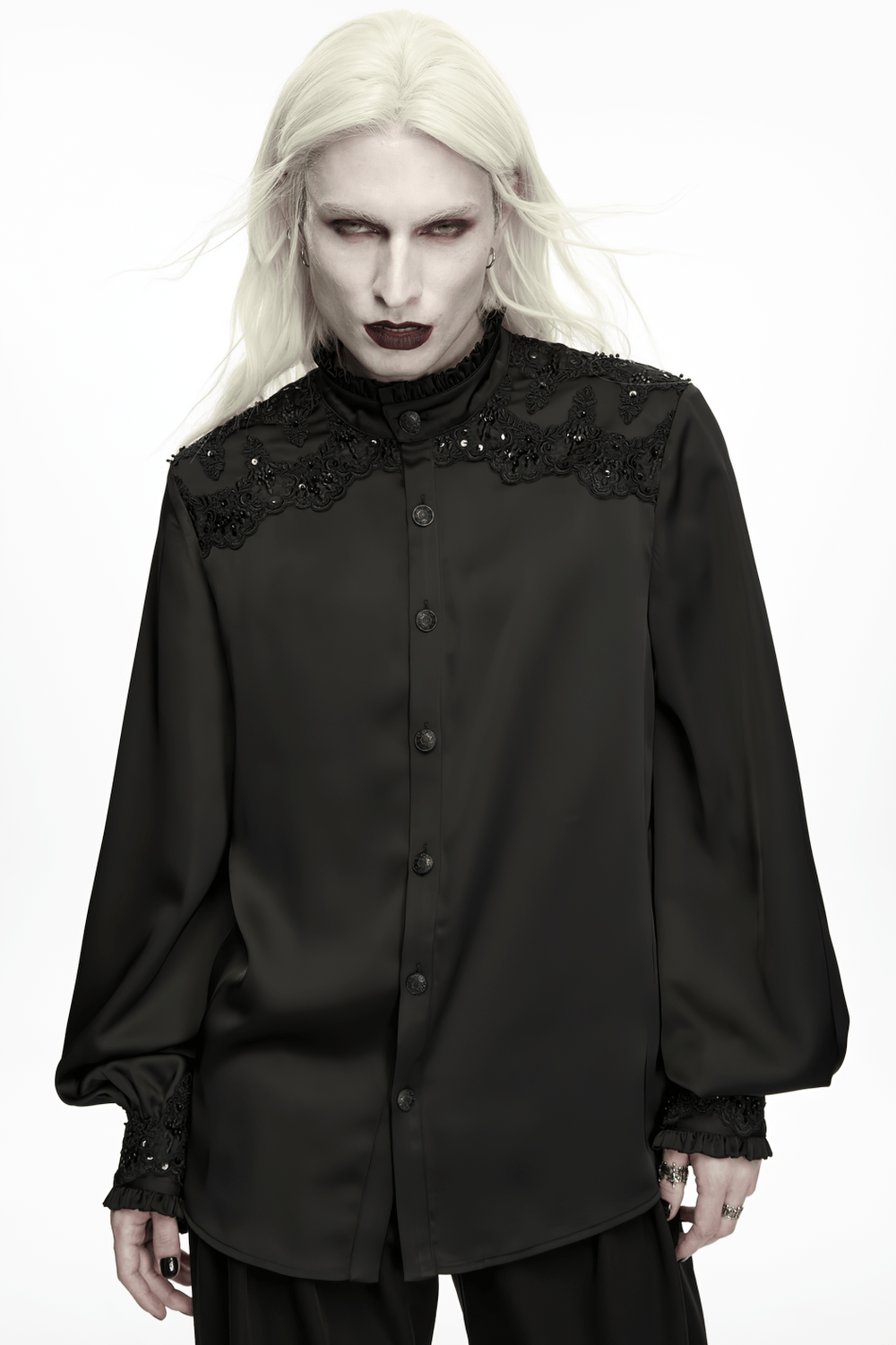 Gothic Victorian Satin Shirt with Beaded Lace Trim, black gothic blouse with ruffled collar and lantern sleeves