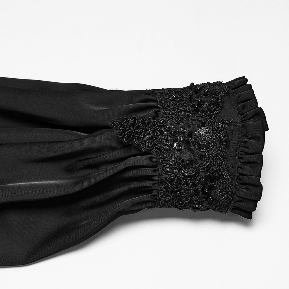Gothic Victorian Satin Shirt with Beaded Lace Trim, black ruffled cuff with beaded lace detail