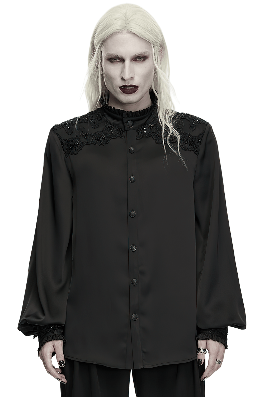 Gothic Victorian Satin Shirt with Beaded Lace Trim black gothic button-front blouse with ruffled collar and lantern sleeves