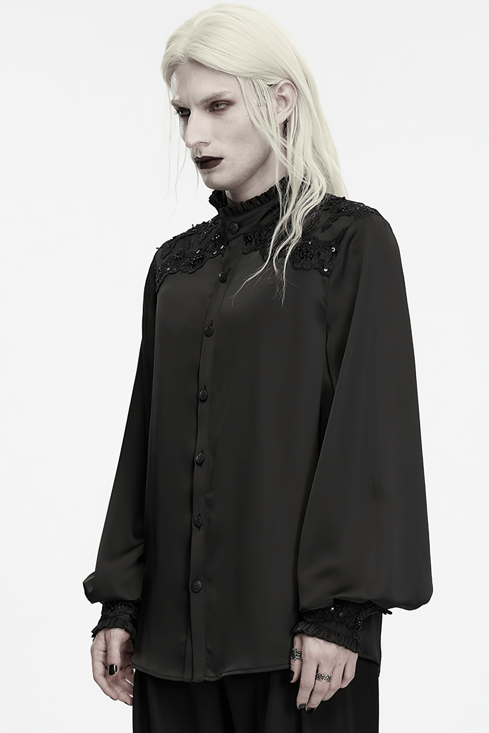 Gothic Victorian Satin Shirt with Beaded Lace Trim, black ruffled collar blouse with dramatic gothic style