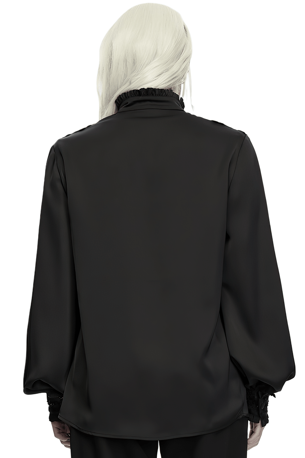 Gothic Victorian Satin Shirt with Beaded Lace Trim, black ruffled collar blouse with long sleeves