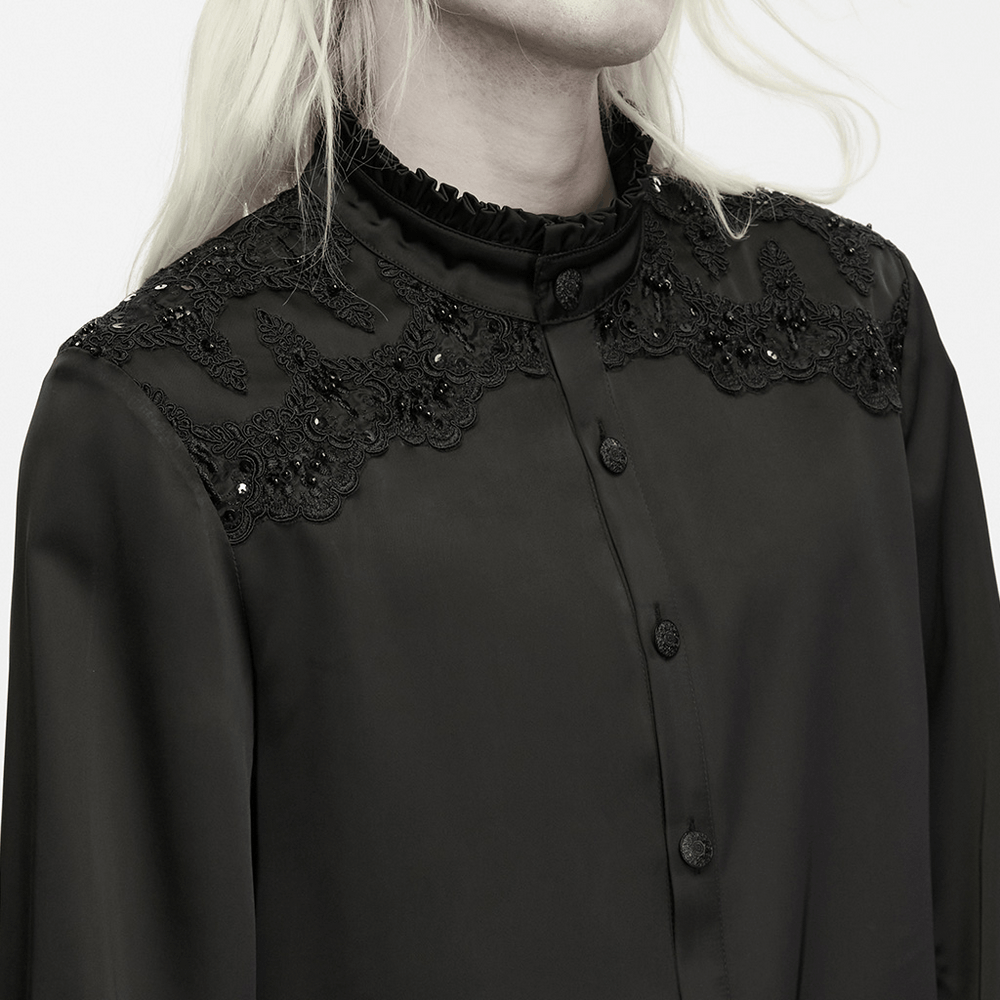 Gothic Victorian Satin Shirt with Beaded Lace Trim black button-front blouse with ruffled collar and ornate shoulders
