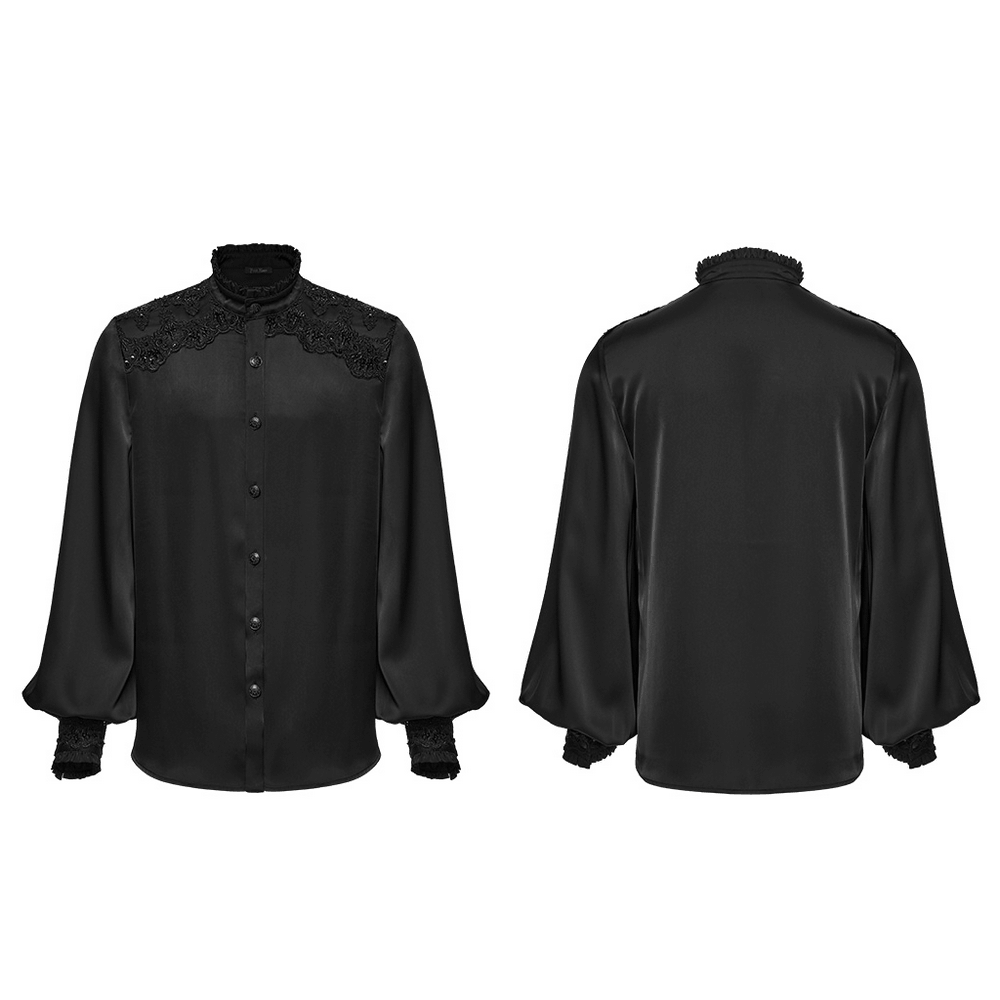 Gothic Victorian Satin Shirt with Beaded Lace Trim, black ruffled collar satin blouse with lantern sleeves