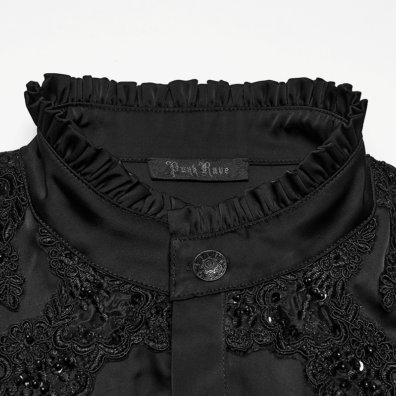 Gothic Victorian Satin Shirt with Beaded Lace Trim black ruffled collar and ornate lace detail