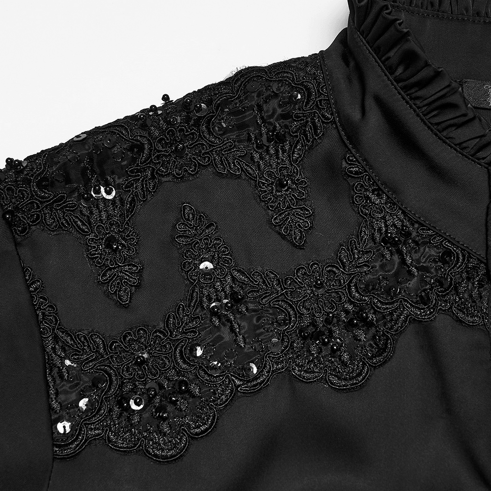 Gothic Victorian Satin Shirt with Beaded Lace Trim black gothic blouse with ruffled collar and ornate beaded shoulder lace