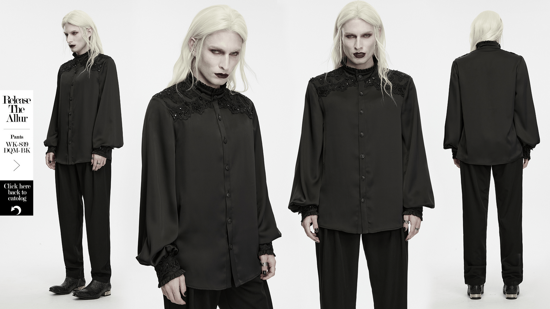 Gothic Victorian Satin Shirt with Beaded Lace Trim, black ruffled collar blouse with long lantern sleeves and button front