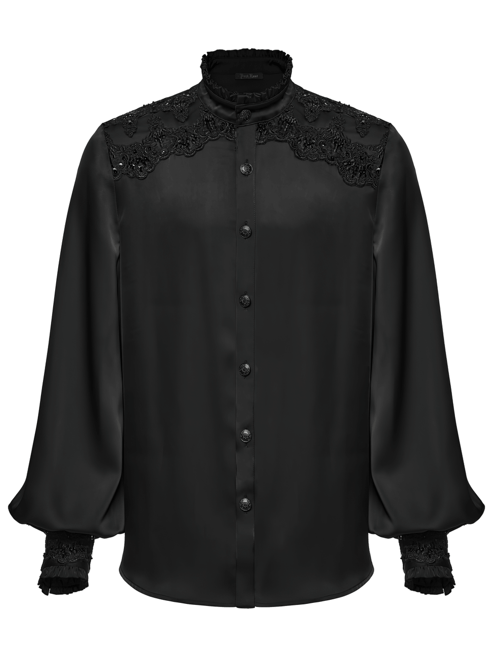 Gothic Victorian Satin Shirt with Beaded Lace Trim, black gothic blouse with ruffled collar and lantern sleeves