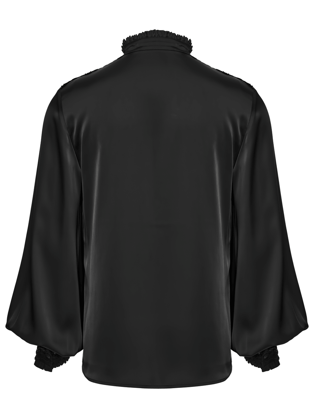 Gothic Victorian Satin Shirt with Beaded Lace Trim black gothic blouse with ruffled collar and lantern sleeves
