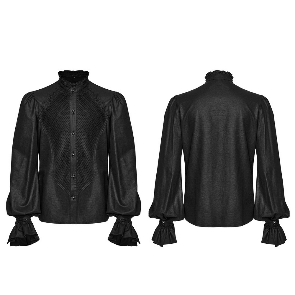 Gothic Victorian shirt with ruffled collar and sleeves, pleated front, and textured black fabric, perfect for elegant styles.