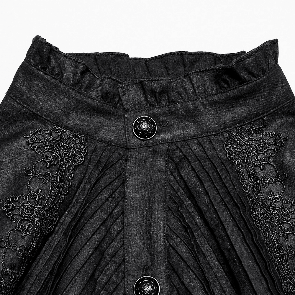 Gothic Victorian shirt showing ruffled collar, pleated front, and intricate black embroidery details. Perfect for a stylish wardrobe.