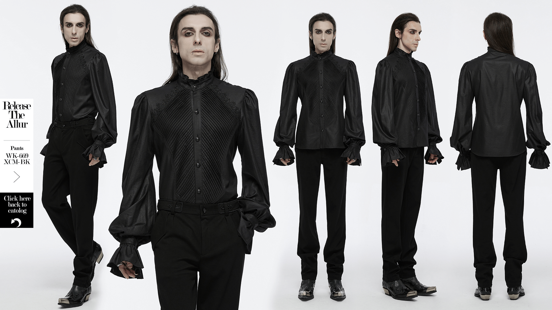 Gothic Victorian shirt with ruffled collar and bubble sleeves, showcasing elegant pleated design in glossy black fabric.