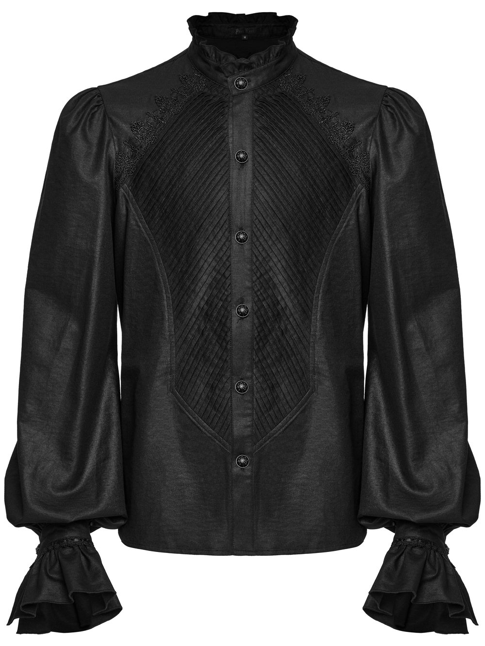 Gothic Victorian shirt with ruffled collar and sleeves, featuring pleated front design in glossy textured fabric.