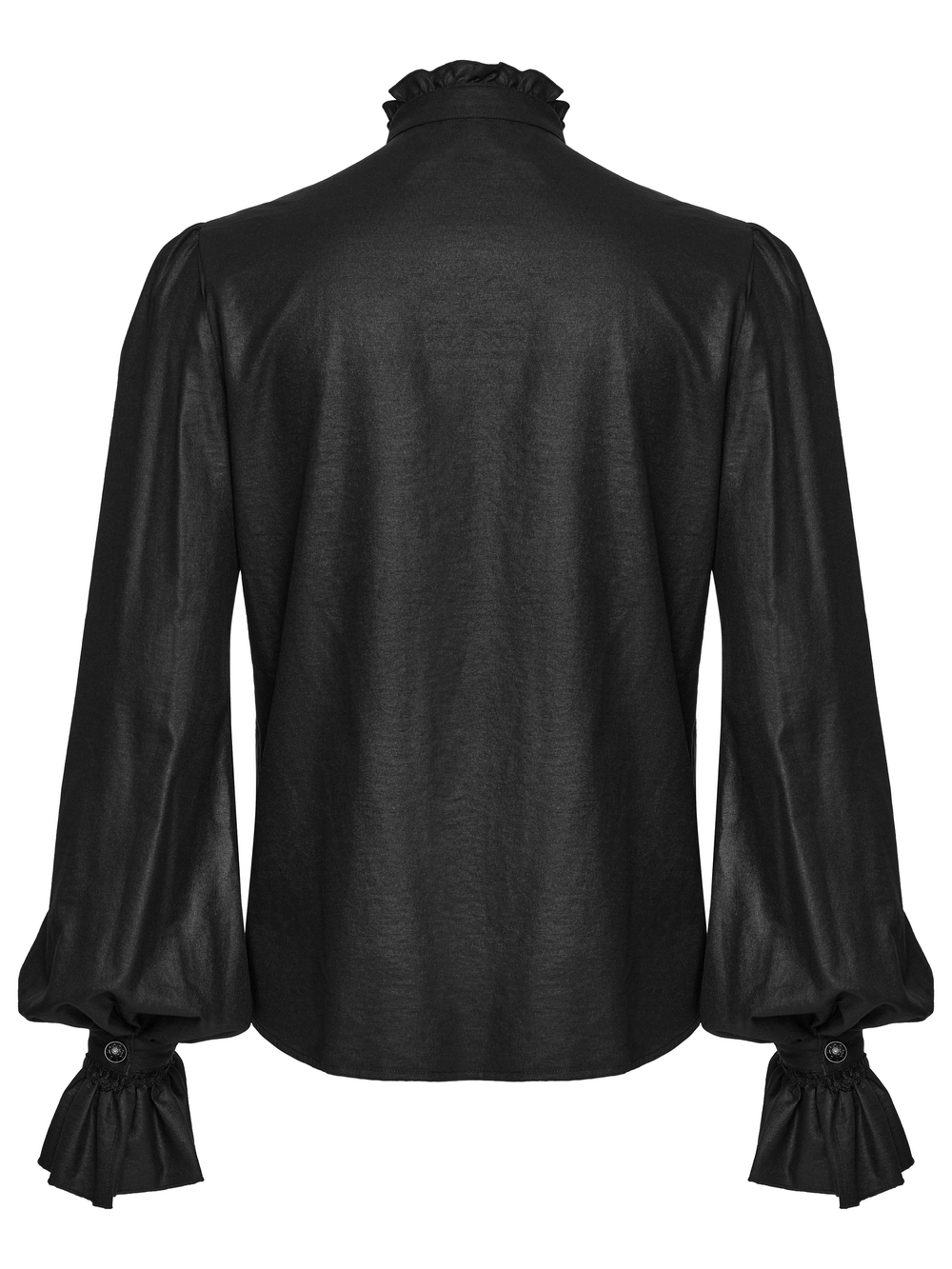 Back view of a Gothic Victorian shirt featuring a ruffled collar and dramatic bubble sleeves in glossy black fabric.