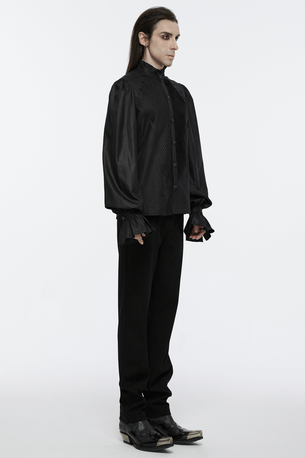 Gothic Victorian shirt with ruffled collar and sleeves, styled in black, perfect for an elegant goth wardrobe.