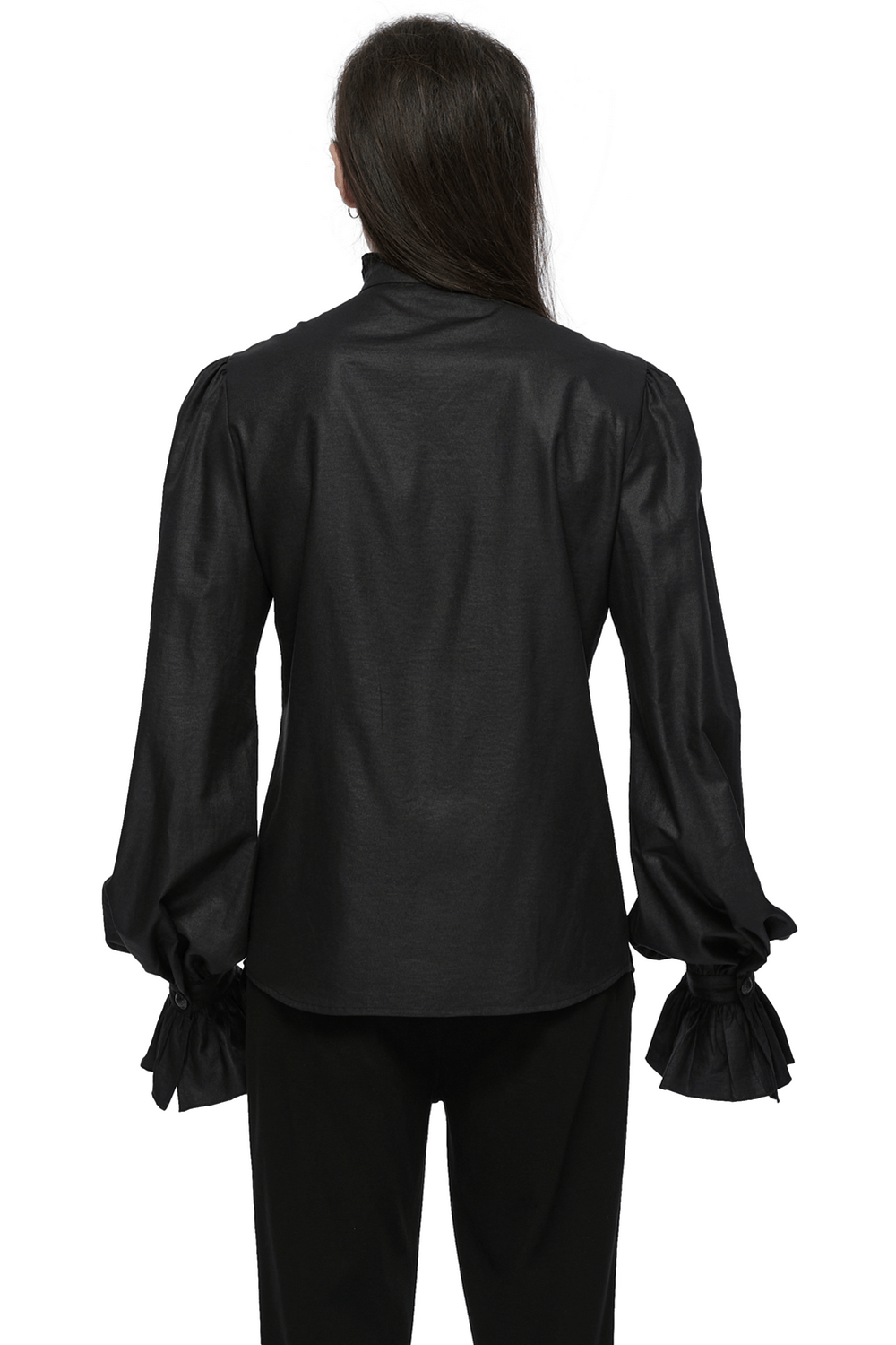 Back view of Gothic Victorian shirt with ruffled sleeves, showcasing textured black fabric and elegant design.