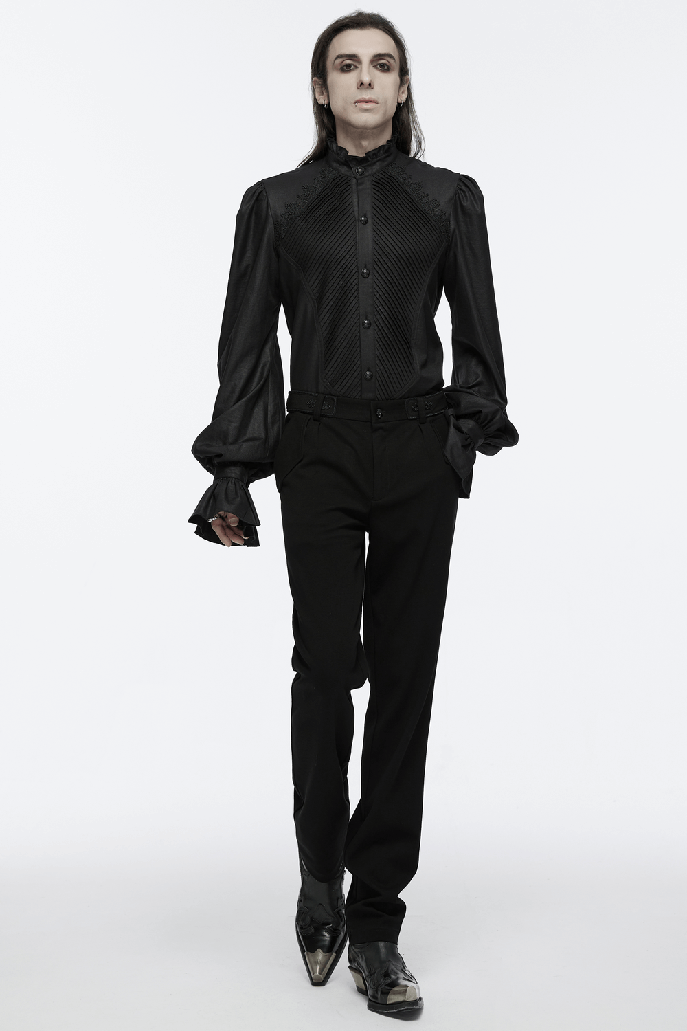 Gothic Victorian shirt with ruffled collar, pleated front, and dramatic sleeves worn by a model in stylish black attire.