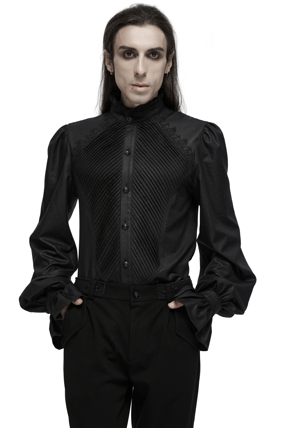 Gothic Victorian shirt with ruffled collar, pleated front, and dramatic bubble sleeves in a chic black design.