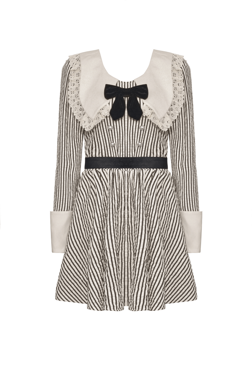 Gothic Victorian Striped Dress with Lace Collar and Cuffs