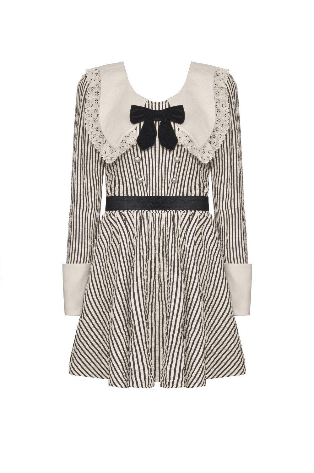 Gothic Victorian striped dress featuring lace collar and cuffs, perfect for a dark, elegant look.