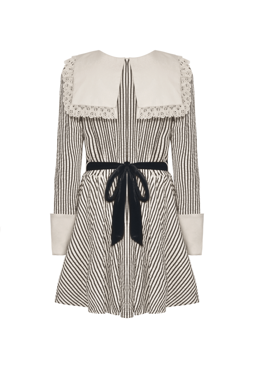 Gothic Victorian striped dress with lace collar and cuffs, perfect for a dark and stylish look.