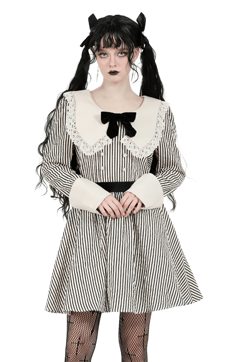 Gothic Victorian striped dress with lace collar, bow, and cuffs, perfect for a dark and stylish look.