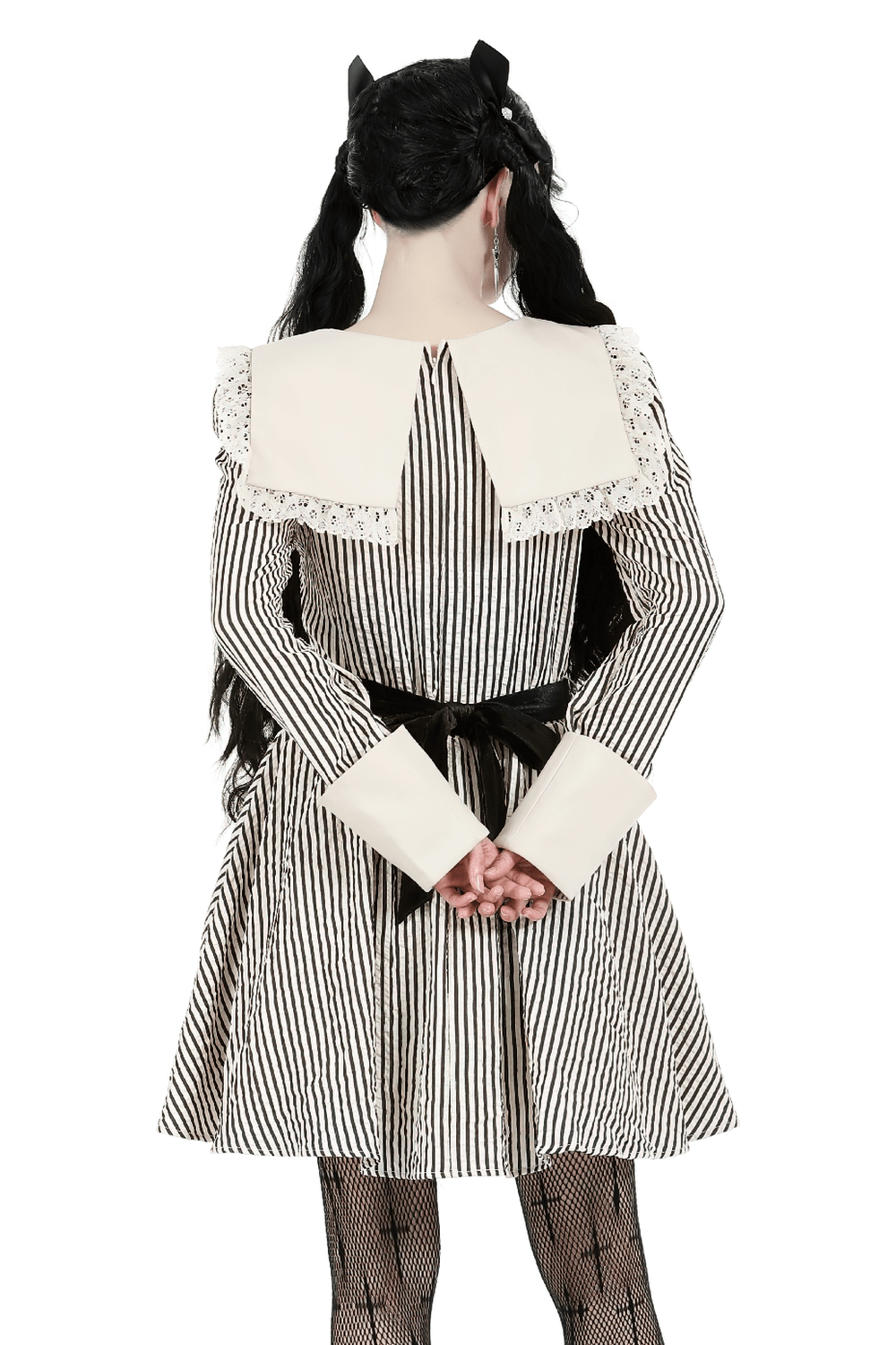 Back view of a Gothic Victorian striped dress with lace collar and cuffs, perfect for a dark princess vibe.