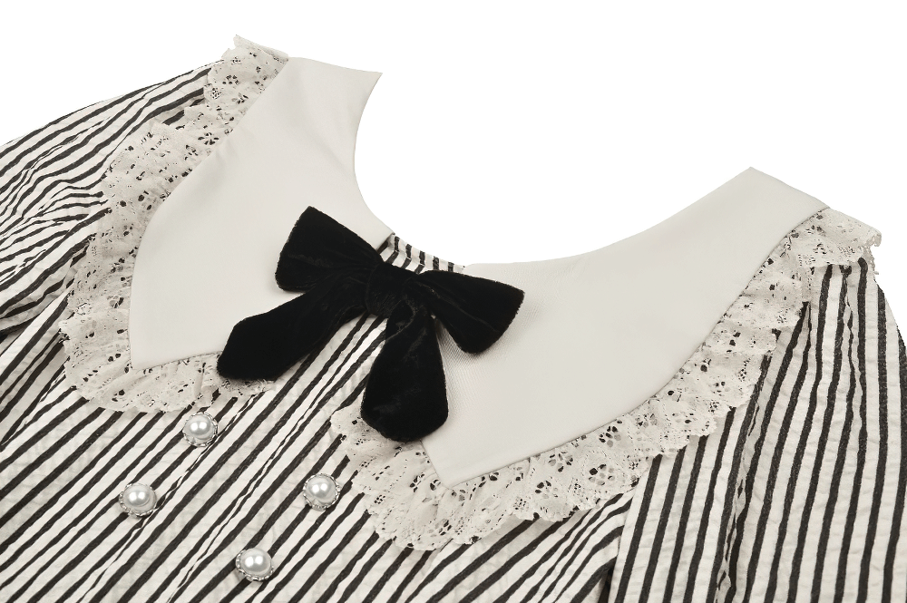 Close-up of Gothic Victorian striped dress with lace collar and bow, showcasing elegant details for a dark, chic look.