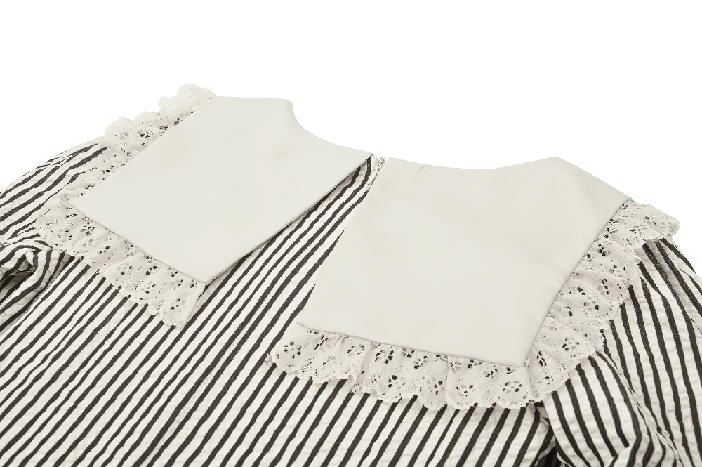 Gothic Victorian dress back featuring striped design and delicate lace collar and cuffs.