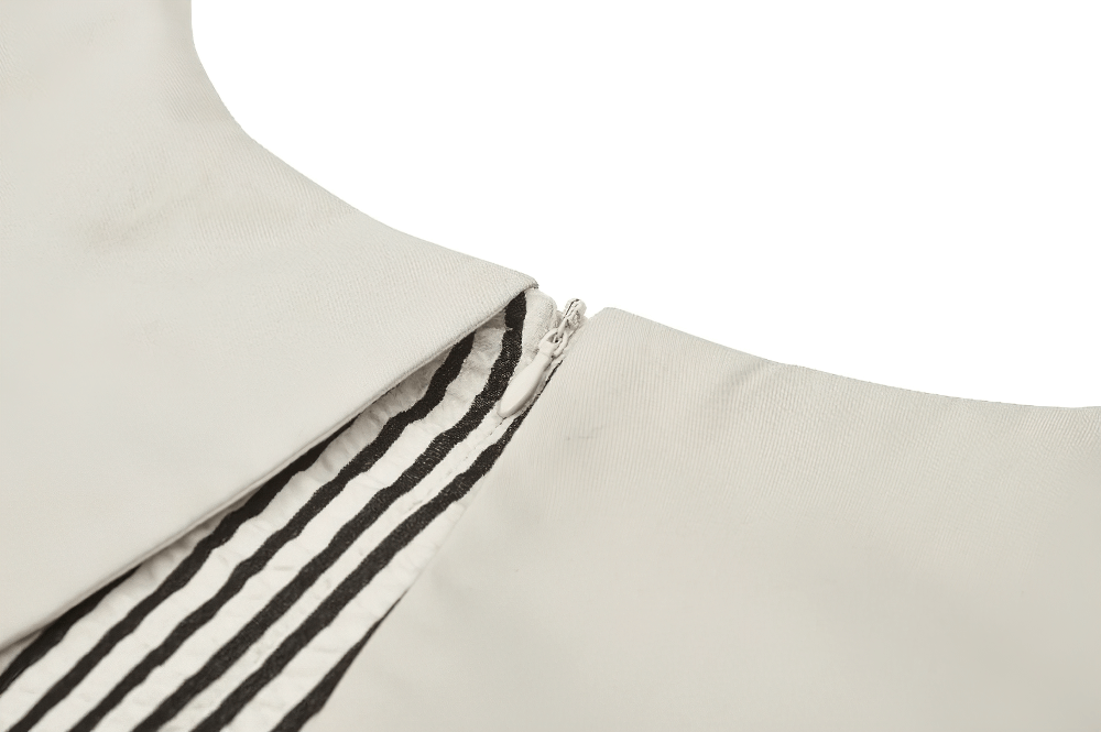 Close-up of Gothic Victorian striped dress zipper and lace collar detail, showcasing gothic elegance and style.