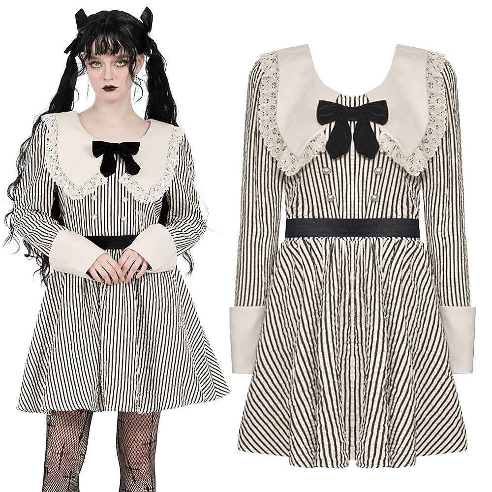 Gothic Victorian striped dress with lace collar and cuffs, perfect for dark charm and feminine flair.