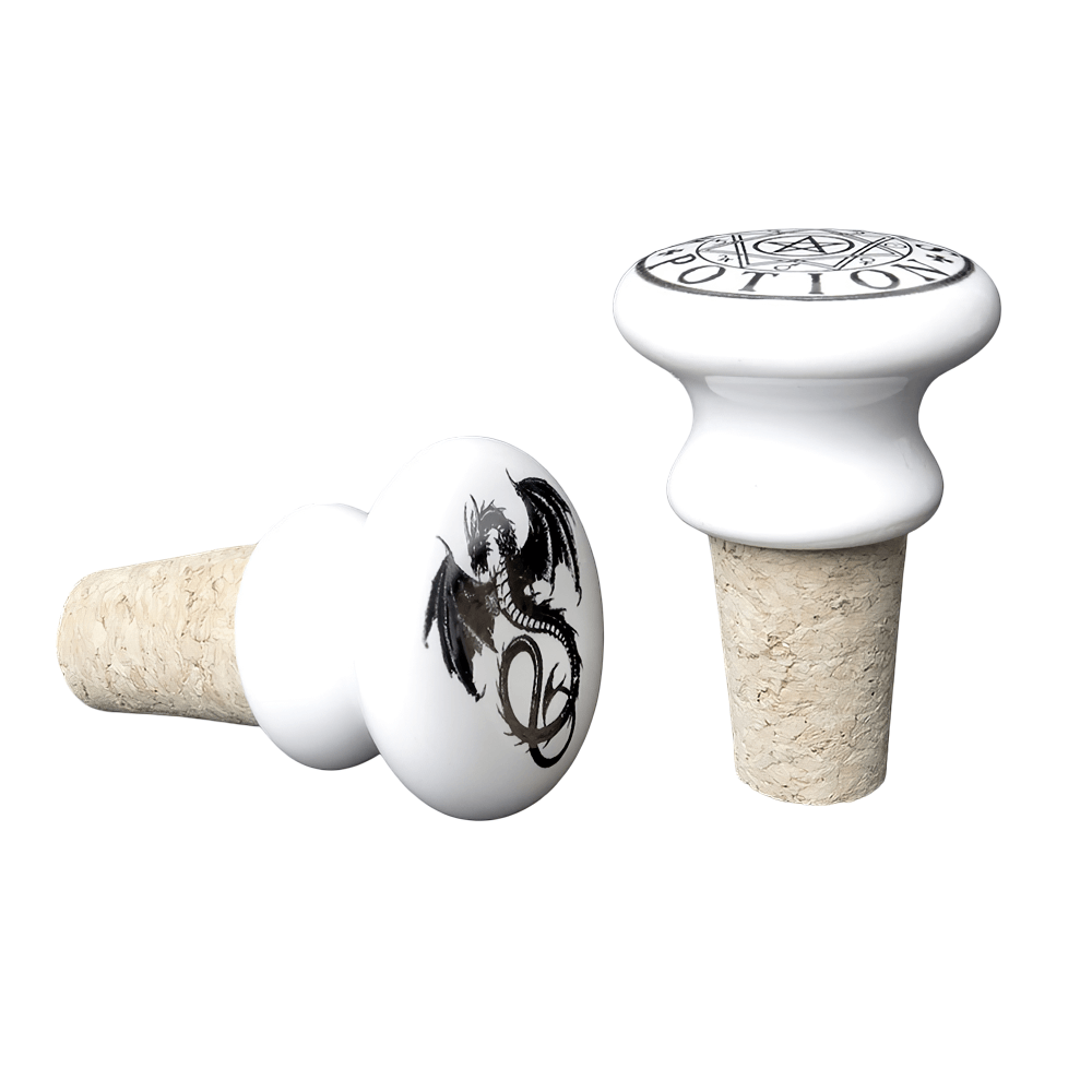 Gothic Viking themed ceramic wine bottle stopper featuring a striking dragon design and alchemy symbols.