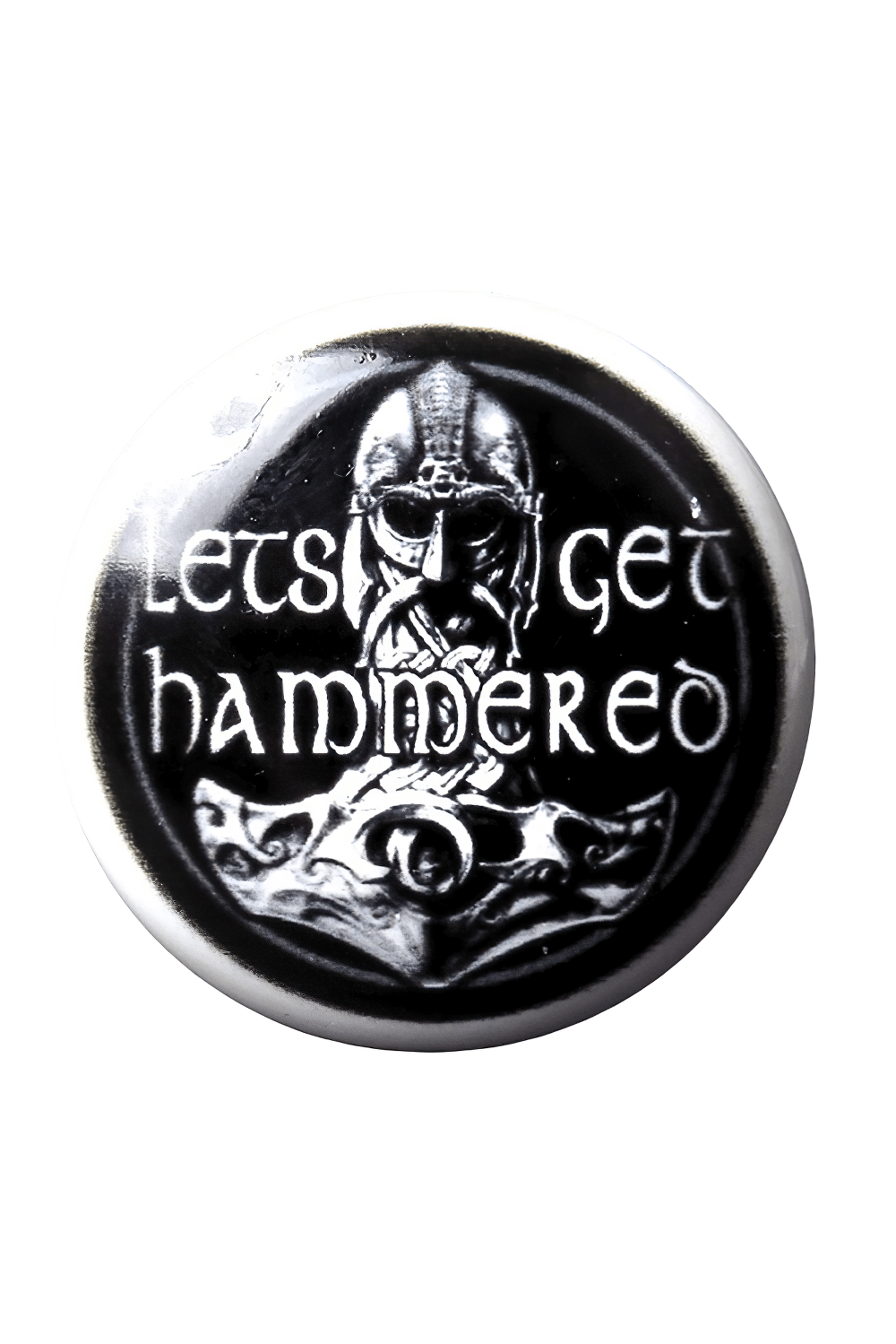 Gothic Viking themed bottle stopper featuring Norse warrior design and humorous slogan 'Let's get hammered' in black and white.